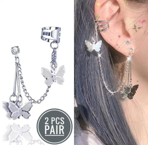 Silver Butterfly Design Ear Cuffs Earrings, Pack Of 2 - Image 2