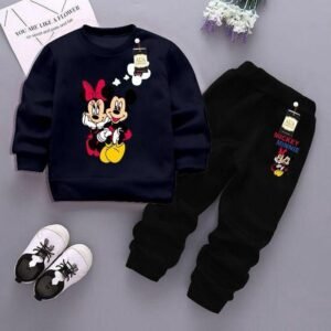 Stylish Blue Fleece Printed Sweatshirt Tracksuit for Boys & Girls – Comfortable Kids Outfit (2 Pcs Set)