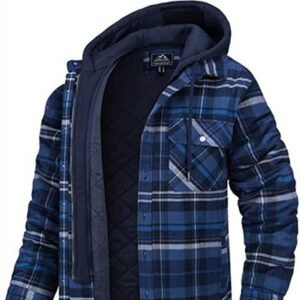 Men’s Plaid Hooded Coat Winter Warm Button Zip-up Jacket Fashion Casual Thick Padded Long Sleeves Outerwear Clothing