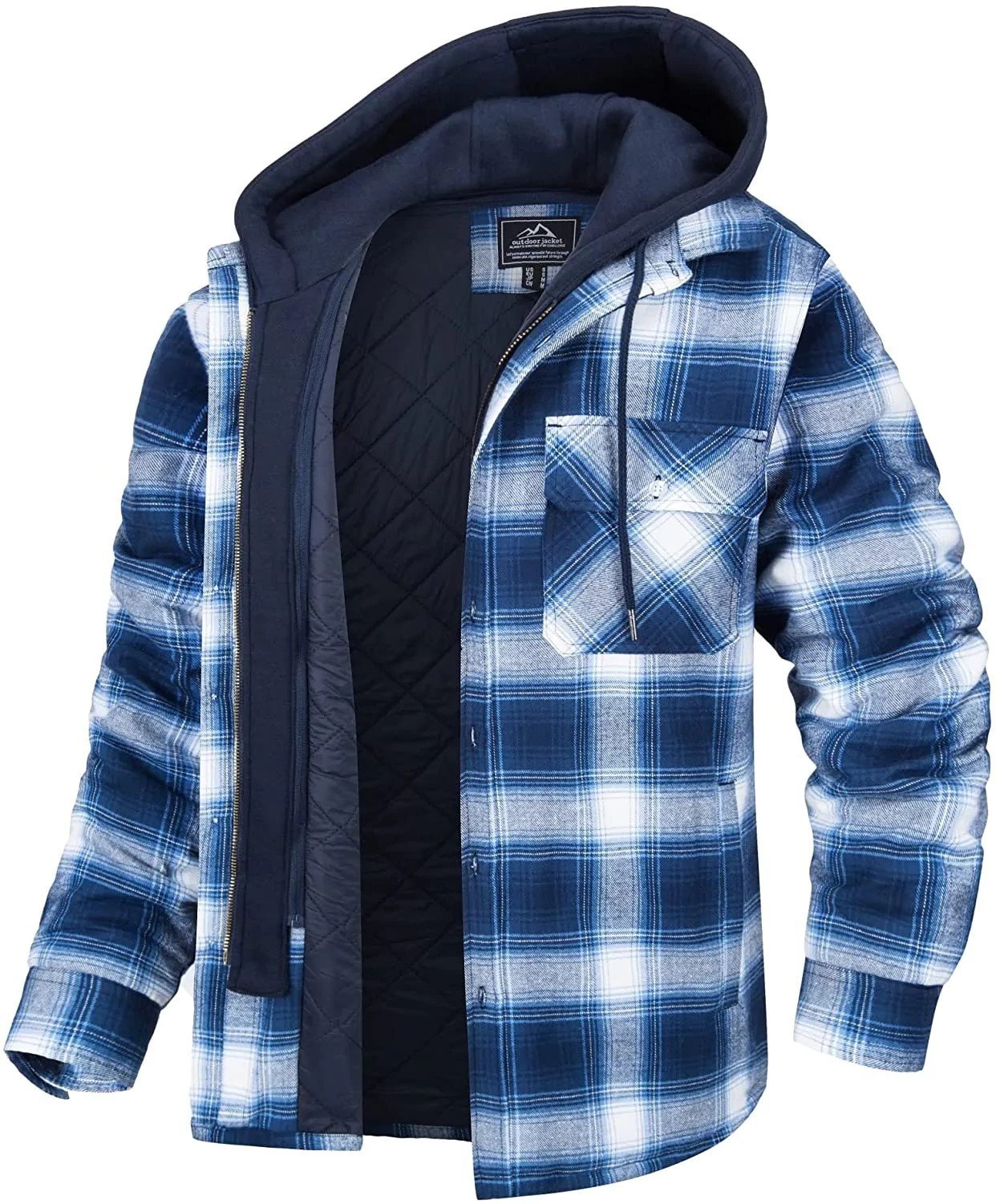Men's Plaid Hooded Coat Winter Warm Button Zip-up Jacket Fashion Casual Thick Padded Long Sleeves Outerwear Clothing - Image 4