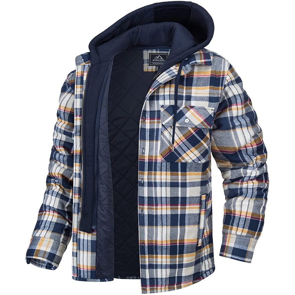 Men's Plaid Hooded Coat Winter Warm Button Zip-up Jacket Fashion Casual Thick Padded Long Sleeves Outerwear Clothing - Image 6