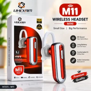 UHEXAM M11 Mini Wireless Bluetooth Headset – Bluetooth 5.0, HD Sound, Hands-Free Calling, Long Battery Life, Comfortable Ear Hook (Red & Silver).