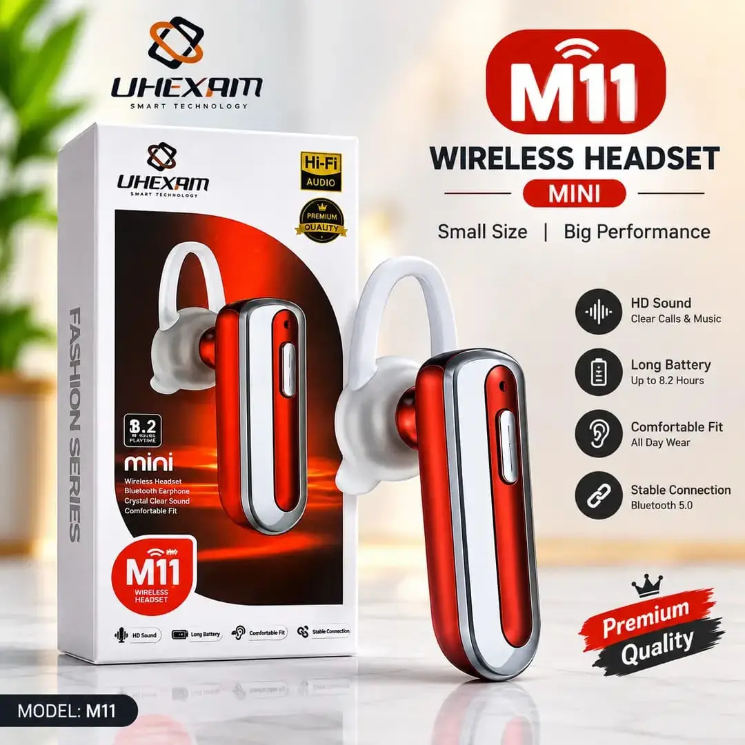 UHEXAM M11 Mini Wireless Bluetooth Headset – Bluetooth 5.0, HD Sound, Hands-Free Calling, Long Battery Life, Comfortable Ear Hook (Red & Silver).
