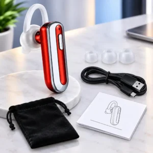 UHEXAM M11 Mini Wireless Bluetooth Headset – Bluetooth 5.0, HD Sound, Hands-Free Calling, Long Battery Life, Comfortable Ear Hook (Red & Silver).