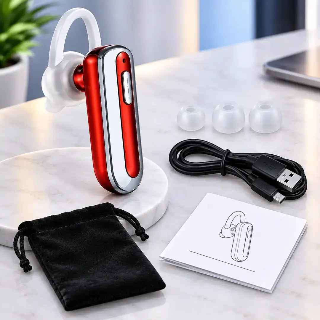 UHEXAM M11 Mini Wireless Bluetooth Headset – Bluetooth 5.0, HD Sound, Hands-Free Calling, Long Battery Life, Comfortable Ear Hook (Red & Silver). - Image 2