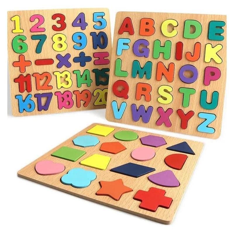Wooden 3-in-1 ABC Number Shape Puzzle Set for Kids - Image 3
