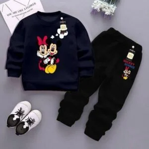 Stylish Blue Fleece Printed Sweatshirt Tracksuit for Boys & Girls – Comfortable Kids Outfit (2 Pcs Set)